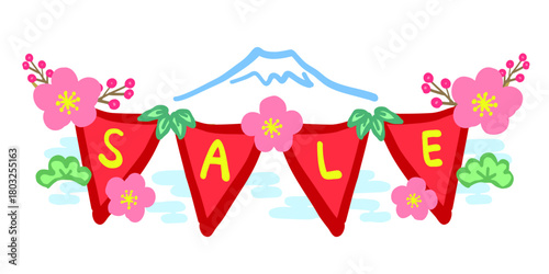 富士山と松竹梅とお正月のセールを知らせるガーランドのイラスト。An illustration of Mount Fuji, pine, bamboo, plum, and a garland announcing New Year's sales.