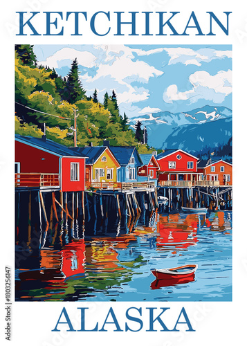 Ketchikan, Alaska travel poster vector illustration capturing a close-up view of the colorful stilt houses reflecting brightly on the calm waters of the harbor.