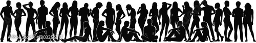 Diverse group of people silhouettes standing and sitting in various poses on white background