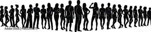 Diverse group of men and women silhouettes standing in a line against a white background