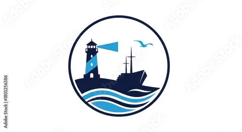 A lighthouse with a boat and seagulls in a circular frame against a white background.