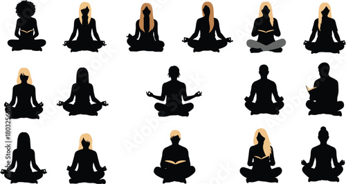 Diverse silhouettes of people meditating and reading books in lotus pose meditation