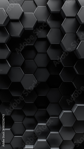 Fototapeta Naklejka Na Ścianę i Meble -  3d render of geometric tech pattern or dark abstract hexagon background. Smooth black honeycomb shapes for dark shadowy backgrounds.