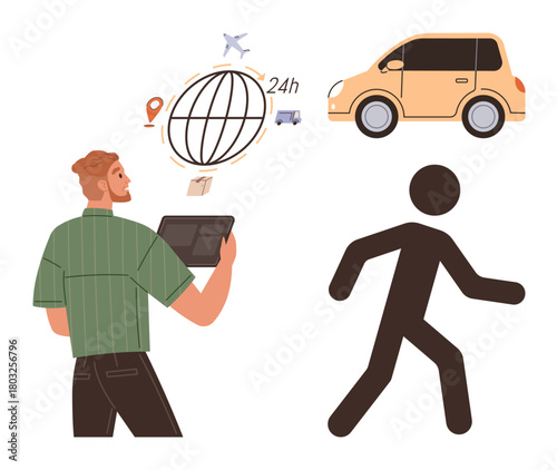 Man holding a tablet with globe, car, airplane, and 24h icons, representing transportation, delivery, and logistics. Ideal for travel, mobility e-commerce technology efficiency service simple
