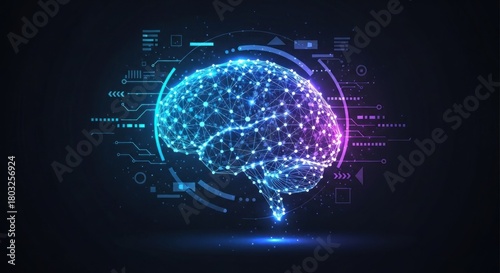 A futuristic, digital brain with glowing, neon lines and symbols, set against a dark, techy background.