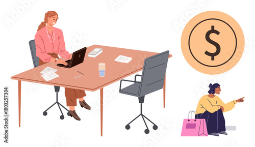 Woman at desk using laptop, focusing on wealth and budgeting. Nearby, shopper and dollar sign suggest income disparity, economic reflection. Ideal for financial planning, inequality, business