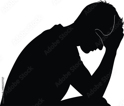 Silhouette of a person with head in hands in profile view on white background male