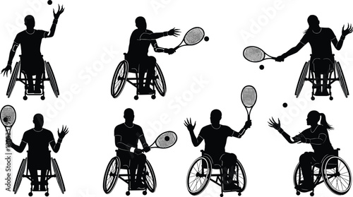 Silhouettes of people in wheelchairs playing tennis with racquets and balls sport