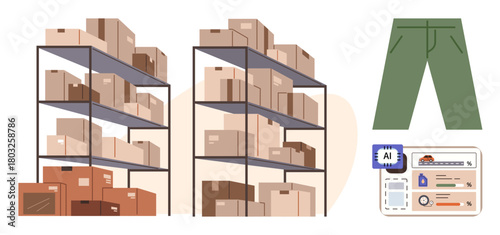 Stacked boxes on racks, green pants design, and detailed product label. Ideal for storage, inventory, fashion, logistics, product design supply chain e-commerce. Simple flat metaphor