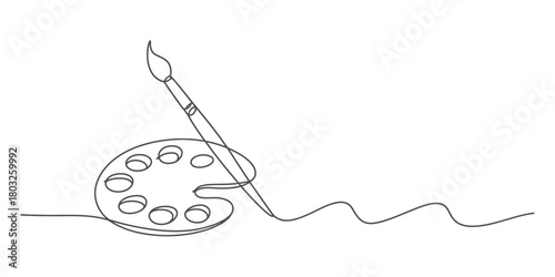 Minimalist single line art illustration of a painter's palette with a brush, symbolizing creativity, artistic expression, art, hobby, and imagination.