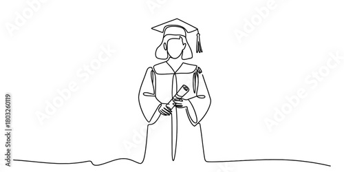 Continuous line drawing of a joyful graduate in academic gown and cap holding a diploma, celebrating educational achievement and future success