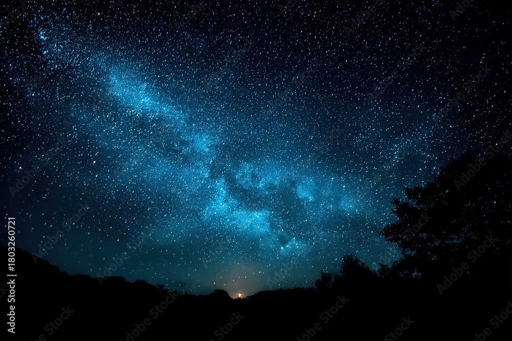 Fototapeta premium Night Sky Milky Way Displaying Numerous Bright Stars With Silhouette of Trees and Distant Light Source