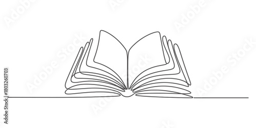 Open book drawn with a single continuous line art, symbolizing education, knowledge, and learning, an elegant minimalist illustration graphic design