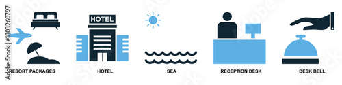 Set Resort Icon Vector Ideal for travel agencies, booking platforms, and tourism graphics requiring a collection of hospitality amenity symbols.	