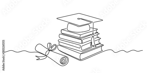 One continuous line drawing of academic graduation cap, stacked books, and diploma scroll. concept of education, learning, success, university study.