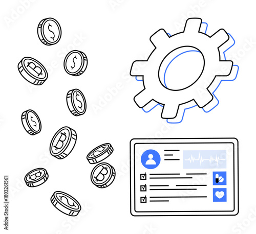 Coins, gear, and user data interface with profile, stats, and health icons. Ideal for finance, cryptocurrency, technology innovation user-centric apps blockchain fintech. Simple flat metaphor