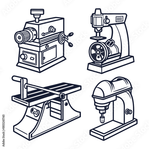 Set of four different machine tools isolated on
