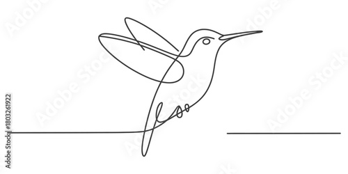 Elegant continuous line art drawing of a small flying hummingbird with its wings outstretched, capturing its swift motion and delicate nature on a clean background