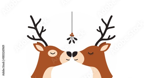 Adorable cartoon deer couple sharing a kiss beneath a sprig of mistletoe for a romantic Christmas holiday