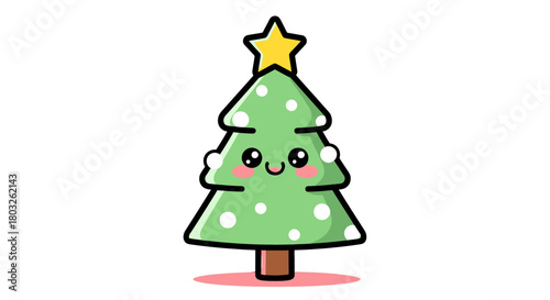 Cute kawaii Christmas tree cartoon character with a star on top, a festive holiday vector illustration for celebration and joy