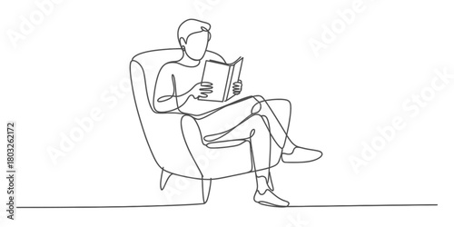 One continuous line drawing of a person sitting comfortably in an armchair, focused on reading a book, representing leisure and knowledge