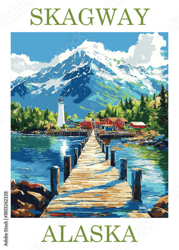 Classic vector illustration of Skagway, Alaska, showcasing a wooden pier, lighthouse, coastal town, and imposing snow-capped mountains.