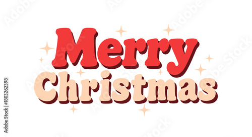 Retro Merry Christmas typography greeting card design with a vintage 70s style font and festive sparkles on a white background
