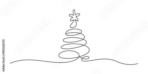 Minimalist continuous line art drawing of a christmas tree with a shining star on top, a simple graphic symbol of festive holiday celebration
