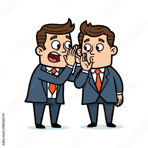 Two businessmen in suits whispering secrets to each other