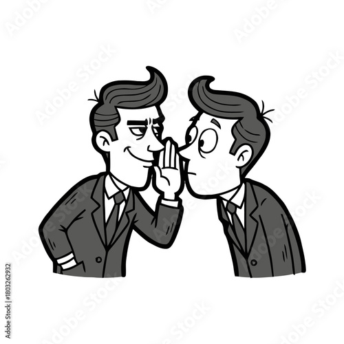 Two businessmen in suits whispering secrets to each other, one with sly expression and the other looking surprised, conveying gossip or confidential information