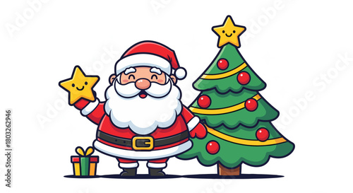 Festive Santa Claus with Christmas Tree and Star A Holiday Illustration