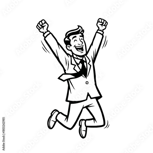 Excited cartoon businessman in suit jumping with joy, arms raised in celebration