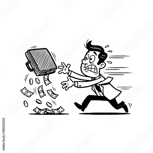 Panicked cartoon businessman running after his briefcase as money flies out