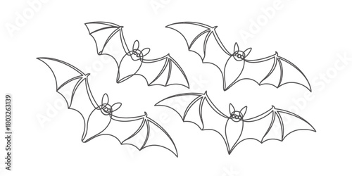 Minimalist one line art illustration of four flying bats, a continuous stroke drawing symbolizing halloween and nocturnal creatures for spooky designs