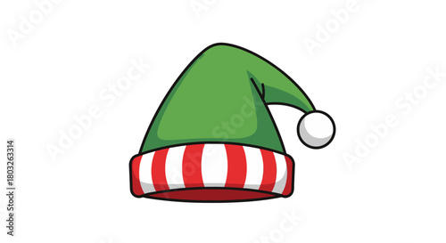 Whimsical green elf hat with a festive red and white striped brim and a playful white pom-pom, a cheerful accessory for holiday celebrations, Christmas-themed designs, and seasonal costume elements