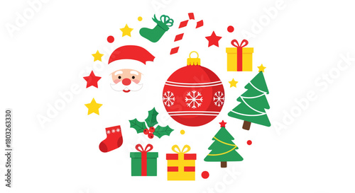 Festive Christmas Celebration Elements Arranged in a Circular Pattern