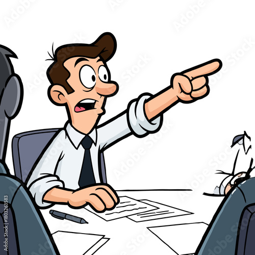 Angry businessman pointing finger at someone during meeting, expressing frustration and disagreement, with papers on the table, suggesting conflict or dismissal, cartoon