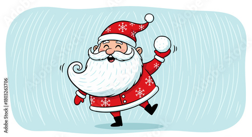 Jolly Cartoon Santa Claus joyfully engaging in a playful snowball fight, radiating festive cheer and winter fun with a wide, happy smile and mischievous eyes