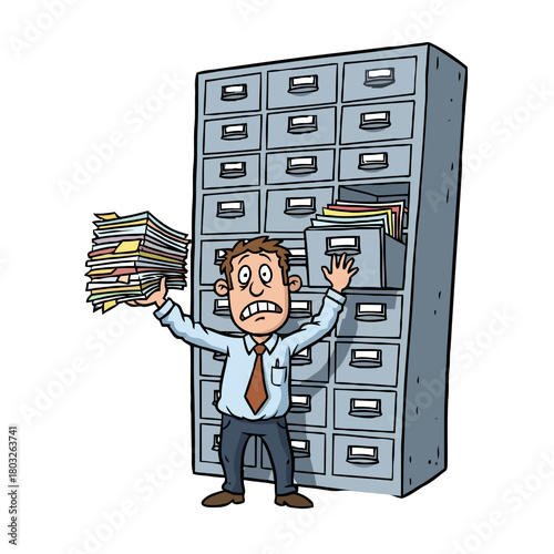 Overwhelmed businessman drowning in paperwork next to tall filing cabinet overflowing with documents