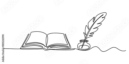Continuous line drawing of an open book, a feather quill pen, and an inkwell, symbolizing literature, knowledge, and creative writing concepts