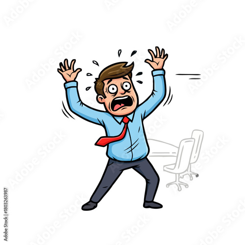 Terrified businessman with arms raised in panic, in meeting room setting, overwhelmed by fear or sudden crisis