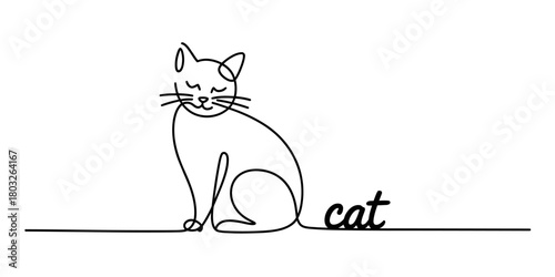 Continuous line art drawing of a cute sitting domestic cat with accompanying 'cat' text. minimalist animal illustration, beloved pet graphic.
