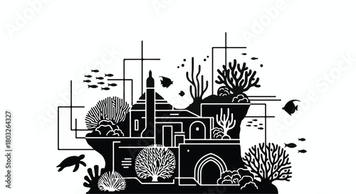 Whimsical underwater cityscape with coral reefs and marine life