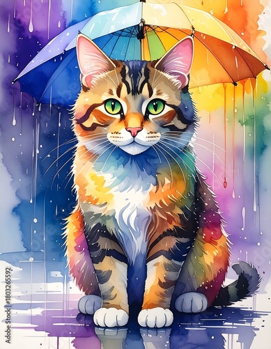 A fluffy multicolored cat sits serenely under a rainbow umbrella in a watercolor-style downpour. Its green eyes are alert