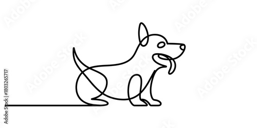 One continuous line art drawing of a standing dog with its tongue out, minimalist black outline on a clean white background, simple vector illustration