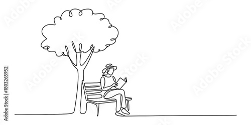 Continuous line drawing of a person relaxing and reading a book on a park bench under a shade tree, embodying leisure and tranquility.