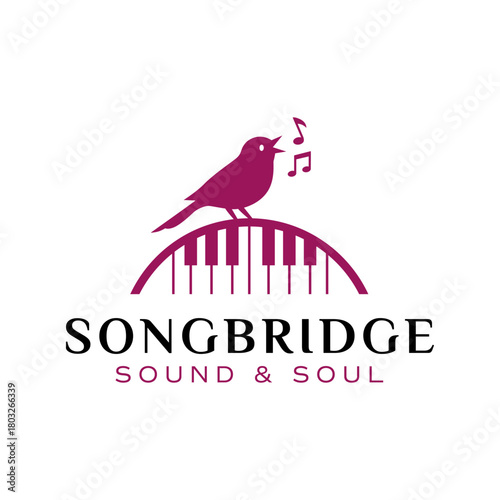 Elegant music logo featuring a singing bird perched on a piano bridge arc with flowing melodic notes in rich magenta tones. Editable Vector File
