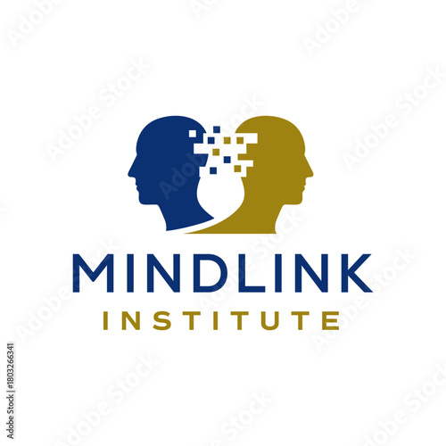 Abstract human head silhouettes with digital pixel elements symbolizing mind connection and learning in blue and gold tones. Editable Vector File
