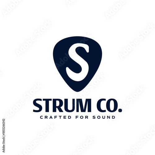 Minimal guitar pick logo with bold monogram letter inside, styled in deep navy for a clean modern music identity. Editable Vector File

