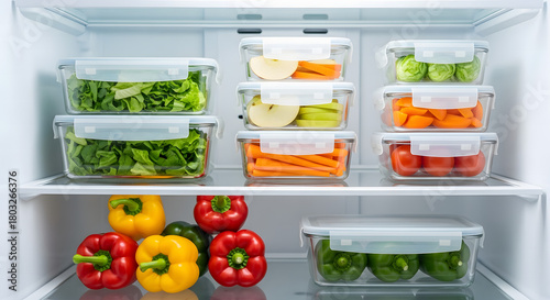 Organized refrigerator shelves filled with fresh vegetables in clear glass containers and colorful bell peppers